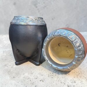 Mate Torpedo Doble cuero virola acero tallada color Negro