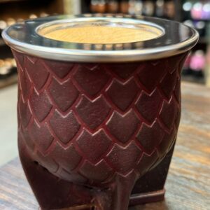 Mate Camionero de calabaza, Escamado, cuero Borravino, virola de acero.