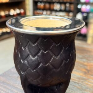 Mate Camionero de calabaza, Escamado, cuero negro, virola de acero